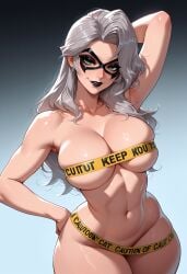 1girl ai_generated arm_behind_head arm_up armpits black_cat_(marvel) black_cat_(marvel_rivals) black_lips breasts carminroux caution_tape cleavage curvy domino_mask gradient_background green_eyes grey_hair hand_on_own_hip large_breasts lipstick long_hair looking_at_viewer makeup marvel marvel_comics marvel_rivals mask navel nude simple_background smile solo thick_thighs thighs wide_hips