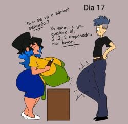 1futa 2girls apron big_boobs big_breasts black_hair blue_hair boobs bulge_through_clothing closed_eyes_smile clothing color colored erection_under_clothes futanari huge_boobs huge_breasts luna_(thelittlenerdys) milf miss_mendoza_(skaler2) nipples_visible_through_clothing no_nut_november simple_background size_difference skaler2 spanish_text text tomboy twitter_user_oc twitter_user_sona two-tone_hair white_skin
