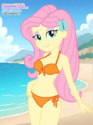 1girl 1girls ai_generated beach cleavage equestria_girls fluttershy_(mlp) hasbro long_hair my_little_pony orange_bikini orange_bikini_bottom orange_bikini_top pink_hair sand string_bikini string_panties teal_eyes water