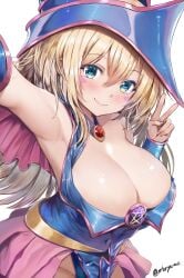 armpits cleavage dark_magician_girl huge_breasts looking_at_viewer peace_sign selfie staryume yu-gi-oh!