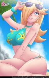 1girl 1girls beach bikini bikini_bottom bikini_top blonde_female blonde_hair glasses halter halter_bikini halter_top looking_at_viewer mario_(series) nintendo princess princess_rosalina sitting smile smiling smiling_at_viewer