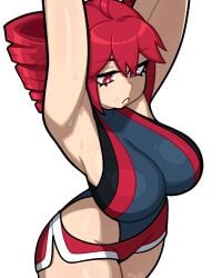 arms_up breasts dolphin_shorts hips kasane_teto large_breasts muds red_eyes red_hair red_shorts swimsuit thighs wet