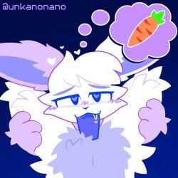 1boy 1girls 2026 anthro anthro_on_anthro blowjob blue_background blush blushing blushing_female bunny_ears bunny_girl carrot character_request domestic_cat duo feline fellatio food heart-shaped_pupils heart_symbol leg_grab male/female male_pov mammal multicolored_body oral penis penis_in_mouth purple_fur rabbit thought_bubble tuft two-tone_body unkanonano white_body white_fur
