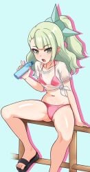 bikini blush curvy flat_chest holding_bottle looking_at_viewer open_mouth sandals sunna_(zenless_zone_zero) swimsuit t-shirt thighs toes water_bottle wet_shirt zenless_zone_zero