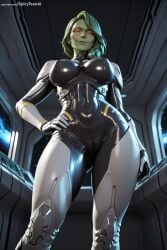 1girl ai_generated breasts from_below gamora hands_on_hips hi_res high_quality high_resolution large_breasts looking_at_viewer marvel_comics patreon patreon_username seductive sexy smile solo spicytoonai thick_thighs uncensored watermark