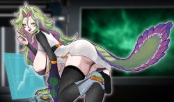 areolae_visible_through_clothing bra dinosaur_tail duel_monster fully_clothed gmx-velox gmx_associate_noma golden_eyes green_hair hanging_breasts high_heel_boots large_ass large_breasts long_nails long_tongue mutant posing purple_hair sharp_teeth slit_pupils thong two-tone_hair xzor yangkaiming91 yu-gi-oh!
