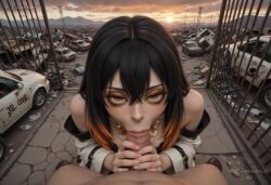 1boy 1girl :>= ai_generated amo_empool artist_name bare_shoulders black_hair car cloud erection eugenericai eyeshadow fellatio fisheye gachiakuta gradient_hair hair_between_eyes handjob hetero lips long_hair looking_at_viewer makeup male_pubic_hair motor_vehicle multicolored_hair nail_polish off_shoulder oral orange_eyes orange_hair outdoors penis pov pubic_hair road sky solo_focus uncensored