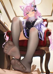 1boy 1girl 1girls absurdres black_dress black_thighhighs blue_eyes cat_girl chair commission dress feet female foot_fetish foot_focus footjob highres indie_virtual_youtuber indoors legs nyatasha_nyanners on_chair pink_hair pixiv_commission radoremo see-through_clothes see-through_thighhighs sitting soles solo_focus teasing thighhighs thighs toes virtual_youtuber vtuber