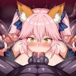 1girls ai_generated double_handjob fate/grand_order fate_(series) fellatio fox_ears fox_girl lahmu_(fate) monster pink_hair tamamo_(fate)