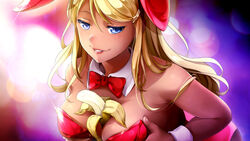 2015 accurate_art_style adult adult_female banana big_breasts big_cleavage blonde_hair blue_eyes breasts bunny bunny_ears cleavage female female_only game_cg hair huniepop jessie_maye lens_flare long_hair looking_at_viewer mature mature_female milf paizuri_invitation playboy_bunny sexually_suggestive solo straight_hair tan-skinned_female tan_skin white_collar