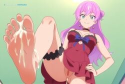 1girl 5_toes after_anal ai_assisted ai_generated akari_watanabe anime_coloring anime_screencap anus barefoot black_choker blue_green_eyes breasts choker cleavage clothed clothing covered_navel cum cum_in_ass cum_inside cum_on_body cum_on_feet cumdrip dress feet female female_focus foot_fetish foot_focus foreshortening from_below green_eyes hair_bun hand_on_own_hip heart jewelry long_hair looking_at_viewer looking_down_at_viewer medium_breasts no_panties no_underwear pink_hair pussy red_dress smile soles solo solo_focus standing standing_on_one_leg sweat thigh_strap toes