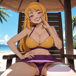 1girl ai_assisted ai_generated beach beautiful blonde_hair blue_sky cleavage collarbone cowboy_shot day dress general grayscale grin half_closed_eyes hand_on_hip happy high_contrast highres indoors large_breasts laughing looking_at_viewer no_nose palm_trees perfect_anatomy purple_bikini purple_eyes purple_lips pussy sharp_teeth sitting_on_chair slit_pupils smug socks solo tropical upskirt_view yellow_bikini