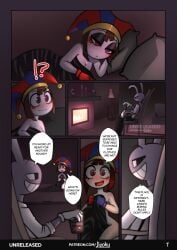 1boy 1girls bed bedroom big_breasts clown_girl comic comic_page english english_commentary english_dialogue english_text glitch_productions gooseworx jax_(the_amazing_digital_circus) jizoku naked naked_female nude nude_female pomni_(the_amazing_digital_circus) rabbit rabbit_boy sex the_amazing_digital_circus uncensored