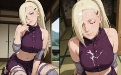 ai_generated aqua_eyes before_and_after blonde_hair bukkake cum cum_on_clothes cum_on_face cum_on_hair elbow_pads facial fishnets hair_clip hair_over_one_eye ino_yamanaka long_hair midriff naruto_(series) naruto_shippuden naughty_face navel pointing_at_mouth pointing_at_self ponytail seductive seductive_smile solo sugestive_pose thighhighs yamanaka_ino