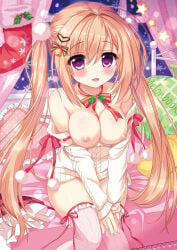 1girl ameto_yuki bed bedroom blonde_hair blush breasts breasts_out christmas christmas_outfit detached_sleeves exposed_breasts hair_ornament hair_ribbon heart-shaped_pillow highres large_breasts looking_at_viewer melonbooks neck_ribbon nipples on_bed open_shirt original pillow ribbon shirt sitting sitting_on_bed small_but_busty sweater thighhighs tied_hair twintails