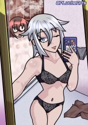 2girls ass bathroom beautiful black_bra black_panties blue_eyes brown_hair date_a_live earrings girl gray_hair grey_hair honjou_nia light-skinned_female light_skin lingerie lipstick looking_at_viewer mature_female panties pluchearts red_lipstick seductive selfie sexting sexy_female short_hair shower small_breasts steam takajo_hiroki thick_thighs thighs underwear wink winking_at_viewer
