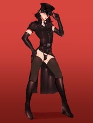 atlus bulge cap crossdressing gloves gomi-cake gomicake heel_boots leather leather_clothing makeup persona_5 police_uniform ren_amamiya sissy thong visible_underwear