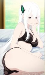1girl ai ai_art ai_generated ass bangs bare_shoulders black_bra black_panties bra breasts brown_eyes butterfly_hair_ornament cleavage closed_mouth colored_eyelashes echidna_(re:zero) hair_between_eyes hair_ornament large_breasts long_hair looking_at_viewer lying on_bed on_side panties re:zero_kara_hajimeru_isekai_seikatsu smile solo thighs underwear underwear_only white_hair