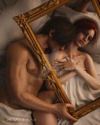 2026 3d 3d_(artwork) artist_request bed bedroom blender blender_(artwork) brown_hair capcom claire_redfield couple deviantart female frame hetero leon_scott_kennedy male nude_female nude_male pillow resident_evil resident_evil_2 resident_evil_2_remake romantic romantic_couple tasteful_nudity watermark wholesome