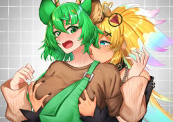 2girls absurdres ahoge animal_ears antlers arielle_(vtuber) big_breasts black_nails black_shirt blonde_hair blue_eyes blush breasts brown_shirt commentary deer_ears english_commentary eyewear_on_head grabbing_another's_breast green_eyes green_hair green_overalls groping hair_between_eyes hair_ornament haruka_karibu heart heart_ahoge highres horns indie_virtual_youtuber large_breasts lesbian liquid_hair long_hair multicolored_hair multiple_girls nipple_stimulation open_mouth overalls rainbow_hair reindeer_antlers reindeer_girl shirt short_hair sunglasses tits triangular_eyewear under_eko virtual_youtuber vtuber x_hair_ornament yuri
