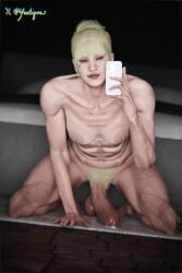 3d athletic_futa big_penis cum cum_drip futa_only futanari long_penis looking_at_viewer lozun_elongia mirror_selfie nose_piercing phone pubic_hair selfie solo_futa yeetiques
