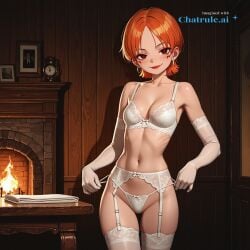 1girl 2d 4k 8k ai_assisted ai_generated alluring anime_style athletic attractive bare_midriff beautiful bedroom_setting big_booty blush breasts cinematic_lighting cleavage close_up collarbone confident dark dark_lighting defined_jawline depth_of_field detailed_background detailed_face detailed_skin digital_illustration dim_lighting elegant erotic eye_makeup eyelashes eyeliner face_focus facing_viewer fair_skin fireplace fit flat_stomach formal full_lips furniture g_string garter_belt gorgeous happy high_cheekbones high_detail highly_detailed highres hoop_earrings hourglass_figure indoors jewelry lace_bra nami one_piece orange_hair