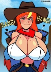 1girls 2026 artist_name ass atomickingboo belt big_ass big_breasts bra breasts button_pop buttons clothed clothed_female clothing cowgirl cowgirl_(western) cowgirl_hat cowgirl_outfit english english_text female female_only flashing flashing_breasts freckles freckles_on_breasts freckles_on_face ginger ginger_female ginger_hair jeans light-skinned_female light_skin oc onomatopoeia orange-haired_female orange_hair orange_hair_female original original_character pants partially_clothed partially_clothed_female popped_button popped_buttons rudy_roundup solo text the_besties_(atomickingboo) thick_thighs thighs vest