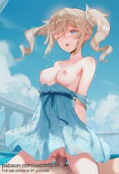 1boy 1girl 2026 ai_generated barbara_(genshin_impact) bare_shoulders blonde_hair blue_dress blue_eyes blue_sky blush breasts clothed_sex clothes_pull cloud cocomiyart collarbone cowgirl_position day dress dress_pull genshin_impact girl_on_top hetero highres long_hair medium_breasts motion_lines nipples no_panties nsfw off_shoulder official_alternate_costume one_eye_closed open_mouth outdoors penis pussy pussy_juice sex sky sleeveless sleeveless_dress solo_focus straddling thighs trembling twin_drills twintails uncensored vaginal