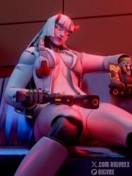 breasts couch horns nude overwatch overwatch_2 pistol red_eyes rigvex shion_(overwatch) sitting white_hair
