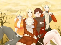 2016 2d 2d_(artwork) 2d_artwork 4girls amy_crystal artist_request bare_thighs blonde_female blonde_hair blue_eyes breasts brown_hair cleavage female green_eyes group house_of_the_dead jeans kate_green lisa_rogan pants red_eyes sega smile sophie_richards the_house_of_the_dead the_house_of_the_dead_2 the_house_of_the_dead_3 the_house_of_the_dead_4 thighs tree yellow_eyes yellow_sky