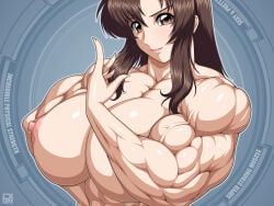abs areolae biceps breasts brown_hair female gundam hair long_hair looking_at_viewer muscular_arms muscular_female nipples rentb