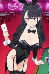 1girl ace_of_hearts ai_generated animal_ears black_bow black_bowtie black_hair black_jacket black_leotard black_thighhighs blue_eyes blush bow bowtie breasts card casino cleavage coattails cowboy_shot detached_collar digitalwaifugallery earrings fake_animal_ears garter_straps heart hi_res high_quality high_resolution highleg highleg_leotard holding holding_card indoors jacket jewelry large_breasts leotard long_hair long_sleeves looking_at_viewer marin_kitagawa patreon playboy_bunny playing_card poker_chip rabbit_ears rabbit_tail seductive sexy smile solo sono_bisque_doll_wa_koi_wo_suru strapless strapless_leotard table tail tailcoat thighhighs uncensored watermark wrist_cuffs