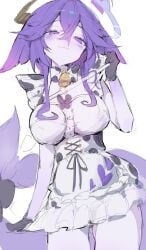 1girl 1girls :3 bell black_gloves breasts colored_skin commentary dress facial_mark female fins fish_tail gloves hair_between_eyes halo highres indie_virtual_youtuber ip_chort jingle_bell large_breasts looking_down megalodon_(vtuber) purple_eyes purple_hair purple_skin shark_girl shark_tail short_hair sidelocks tail thighs tits untranslatable_commentary virtual_youtuber vtuber white_dress