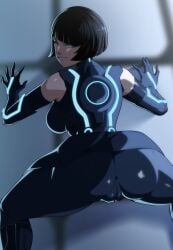 ass black_hair clothed clothing disney identity_disc looking_at_viewer looking_back monke_brush on_all_fours on_the_floor pussy pussy_visible_through_clothes quorra smile tight_clothing tron tron_legacy