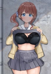 1girls big_breasts blush bra breasts clothes_lift female female_only large_breasts looking_at_viewer miku_nutrients mochizuki_honami project_sekai solo
