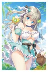 1girl ameto_yuki apron ass bed bird blush bow_panties breasts crepe detached_sleeves dress food frilled_panties frilled_skirt frilled_thighhighs frills gray_hair hair_ornament hair_ribbon highres large_breasts long_hair looking_at_viewer melonbooks necklace original panties ribbon_panties shirt skirt_lift thighhighs tree