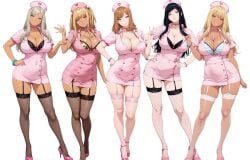 5girls ankle_strap_heels big_breasts bra chocker cleavage fishnet_stockings high_heels looking_at_viewer nurse panties pink_high_heels pink_uniform stockings tagme tagme_(artist) tagme_(source)