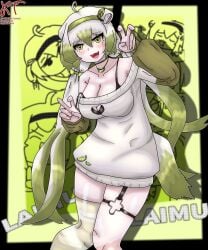 1girl 1girls absurdres ahoge animal_ears big_breasts black_bra bra breasts busty cleavage clothing_cutout commentary english_commentary female ferret_ears ferret_girl ferret_tail green_eyes green_hair green_hairband green_tail green_thighhighs hairband heart_cutout highres indie_virtual_youtuber jewelry laimu laimu_(2nd_costume) large_breasts looking_at_viewer multicolored_hair necklace open_mouth solo sweater thick_thighs thighhighs thighs tits underwear virtual_youtuber vtuber white_hair white_sweater