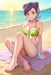 1girl 1girls ai_generated barefoot beach beach_towel bikini brown_eyes civitai cleavage earrings feet grey_hair large_breasts nintendo pokemon pokemon_masters professor_bellis smile solo stable_diffusion two-tone_hair