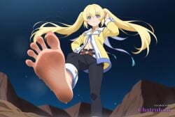 1girl ai_assisted ai_generated anime_coloring barefeet belt big_feet black_pants blonde_hair blue_eyes blue_trim chest_jewel colette_brunel dark_skin detailed_background dirty_feet floating_hair from_below full_body hair_between_eyes hand_on_hair hands_on_hips long_hair long_sleeves long_toes looking_at_viewer navel presenting_foot sole_focus source_anime standing standing_on_one_leg stinky_feet sweaty_feet twintails yellow_jacket