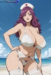 1girl 2d absurd_resolution absurdres adult ai ai-created ai_art ai_generated anime_coloring anime_screenshot bare_arms bare_legs bare_midriff bare_shoulders bare_thighs beach belly bleach bleach:_the_thousand-year_blood_war blue_sky blush breasts cleavage clouds collarbone cowboy_shot curvy day deep_cleavage detailed_background digital_art dynamic_angle dynamic_pose exhibitionism exibitionism exited explicit eyelashes female from_below glossy glossy_body glossy_skin gorgeous hand_on_hip hand_on_thigh hentai hi_res high_contrast high_quality high_resolution highres hikifune_kirio huge_breasts in_heat kirio_hikifune leaning_forward lingerie lipstick long_hair looking_at_viewer low_angle narrow_waist navel nsfw nurse ocean outdoors patreon perfect_anatomy pervert_female plump presenting pubic_hair purple_eyes purple_hair rating_explicit sand sea sexy sexy_body sexy_female sexy_pose shiny_skin sideboob smile soft_shading solo solo_focus source_anime standing sunlight teasing teasing_viewer thick_thighs tite_kubo_style underboob voluptuous voluptuous_body voluptuous_female water waves wavy_hair wide_hips