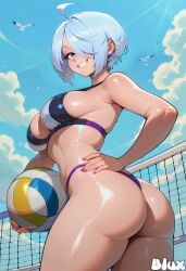 1girl 1girls ai_generated angel_(kof) beach big_ass bikini blue_eyes blux king_of_fighters light-skinned_female light_skin looking_at_viewer outdoors outside pale-skinned_female pale_skin sportswear thick thick_ass tits volleyball white_hair