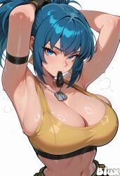 1girls ai_generated big_breasts blue_eyes blue_hair blux huge_breasts king_of_fighters leona_heidern light-skinned_female light_skin long_hair pale-skinned_female pale_skin ponytail