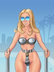 1girls blonde_hair chastity_belt chastity_bra chastity_device female female_chastity female_only hourglass_figure lock metal_bra nail_polish outdoors painted_fingernails painted_nails png pool skindentation slim_waist small_waist spaceboy47 sunglasses water