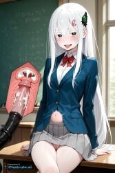 1girl ai_assisted ai_generated blazer blue_jacket blurry_background blushing brown_eyes cervix_penetration chalkboard collared_shirt cowboy_shot crossed_legs cum_inside_pussy cumflation cute_expression desk grey_skirt hairclip horse_penis indoors inside light_smile looking_at_viewer nude open_mouth perfect_pussy photo_background pleated_skirt rape red_bowtie simple_background sitting skinny slit_pupils tongue_out white_eyelashes white_hair white_shirt window xray_view