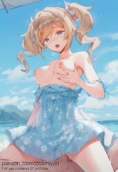 1boy 1girl 2026 ai_generated barbara_(genshin_impact) bare_shoulders beach blonde_hair blue_dress blue_eyes blue_sky blush breasts clothed_sex clothes_pull cloud cocomiyart collarbone cowgirl_position day dress dress_pull dress_swimsuit floral_print genshin_impact girl_on_top grabbing_own_breast hetero highres long_hair medium_breasts motion_lines nipples nsfw ocean open_mouth outdoors penis see-through sex sky solo_focus straddling thighs twin_drills twintails uncensored vaginal water