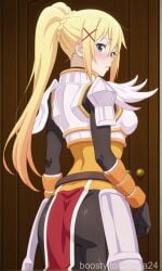 1girl ai ai_art ai_generated armor ass bangs black_bodysuit blonde_hair blue_eyes blush bodysuit boobplate braid breastplate breasts darkness_(konosuba) from_behind gloves green_eyes hair_between_eyes hair_ornament kono_subarashii_sekai_ni_shukufuku_wo! long_hair looking_at_viewer looking_back parted_lips patreon_username pauldrons ponytail shoulder_armor solo web_address x_hair_ornament