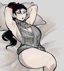 1girl 1girls 2d 2d_(artwork) 2d_artwork armpit armpits bed bed_sheet big_boobs big_breasts black_hair blush blushing boobs breast breedable_hips cleavage cleavage_cutout color colored curvaceous curvaceous_body curvaceous_female curvaceous_figure curvy curvy_body curvy_female curvy_figure curvy_hips eclipseecliptus female female_focus female_only hair_ornament heart_cutout high_resolution highres hips inviting inviting_to_sex laying_down laying_on_bed legs light-skinned_female light_skin limbus_company long_hair looking_at_viewer nearly_nude nude nude_female pillow ponytail project_moon raised_arm saude_(limbus_company) seductive seductive_look seductive_pose sexy sexy_armpits sexy_body sexy_clothing sexy_female sexy_pose sexy_woman sideboob simple_background solo solo_female solo_focus sweater thicc thick thick_legs thick_thighs thighs thin_waist virgin_killer_sweater voluptuous voluptuous_body voluptuous_female wide_hips