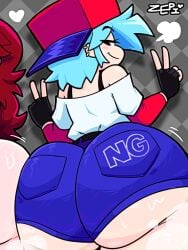 backwards_baseball_cap backwards_hat blue_hair boyfriend_(fnf) boyfriend_(friday_night_funkin) fat_ass female_boyfriend_(friday_night_funkin) fnf friday_night_funkin huge_ass huge_cheeks newgrounds peace_sign red_cap red_hat sexy thicc thick thick_ass thick_thighs video_game video_game_character video_game_franchise video_games zepiereite