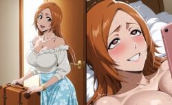 ai_generated bleach blush cheating eyes_rolling_back heart_eyes inoue_orihime lying_on_bed neckline on_phone satisfied_look satisfied_smile trembling_for_pleasure white_blouse
